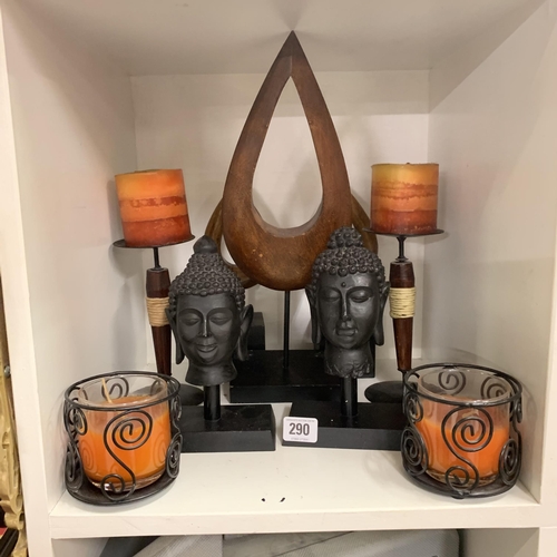 290 - Selection of treen including candle sticks, Buddhas, decorative ornaments etc…