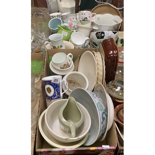 311 - Two boxes of kitchenalia including mugs, cups, trays, dishes etc…