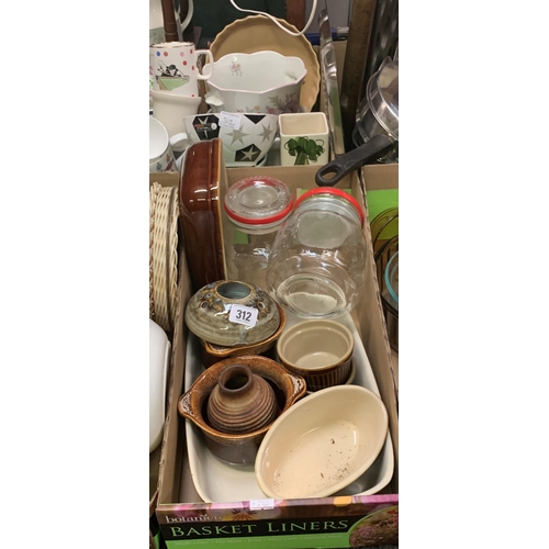 312 - Two boxes of kitchenalia including jardinieres, bowls, jars, trays and earthenware
