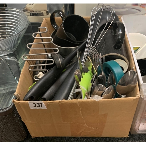 337 - Kitchenalia including various utensils, mugs, cutlery etc….