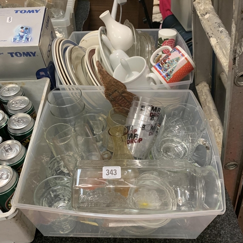 343 - Two boxes of assorted glassware and pottery