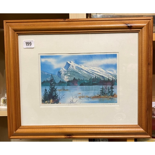 199 - Mountain scene signed by artist in pine frame