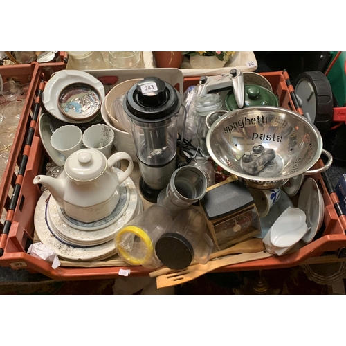 243 - Large box of kitchenalia including blender, tea pots, cups, saucers, pans, tins etc…