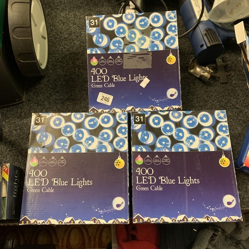 246 - Three boxes of 400 LED blue lights on green cable