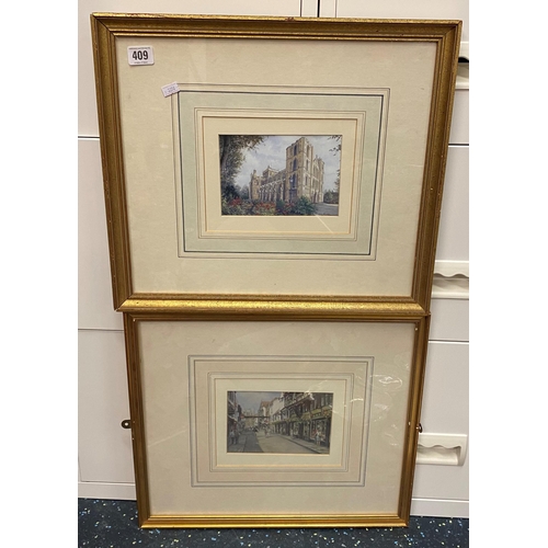 Two gilt framed locational prints signed Sue Firth and Pat Bell