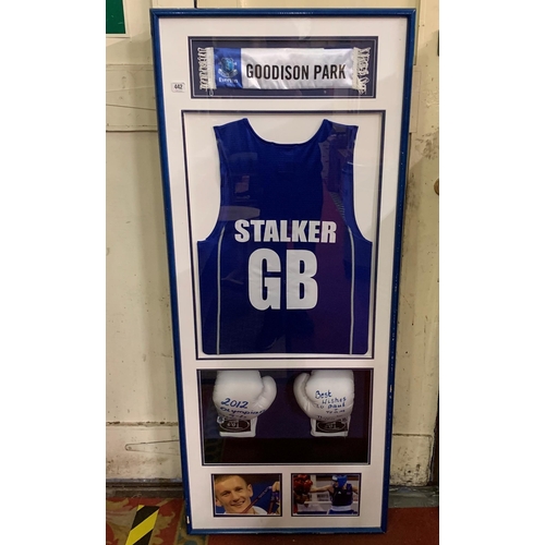 442 - Large Framed pair  of boxing gloves signed “2012 Olympian G-B Boxing”, Stalker top and Everton “Good... 