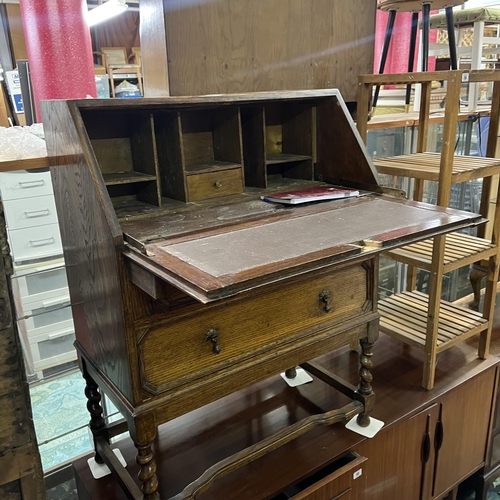 57 - Solid oak bureau on barley sugar twist legs