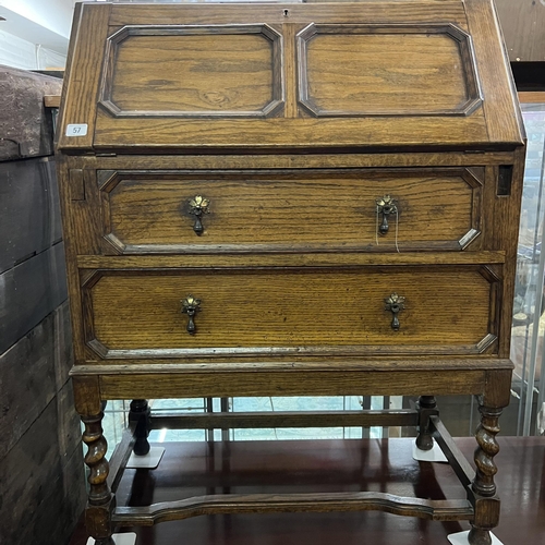 57 - Solid oak bureau on barley sugar twist legs