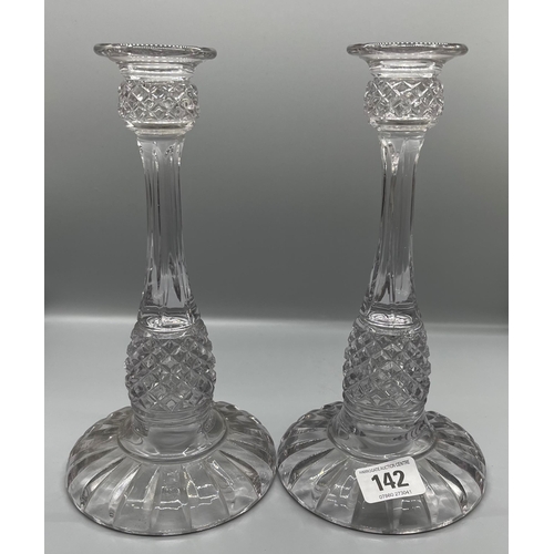 142 - PAIR OF TALL VICTORIAN CUT GLASS CANDLE STICKS