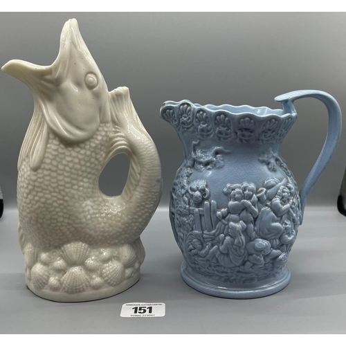 151 - WHITE GLUGGLE JUG AND A RELIEF MOULDED JUG