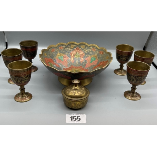 155 - BRASS EMBOSSED METAL BOWL WITH SCALLOPED EDGE AND SIX CHALICES AND A SMALL BRASS BOWL AND LID