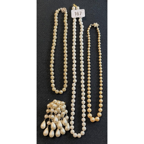 167 - THREE SETS OF PEARLS AND A PEARL BROOCH