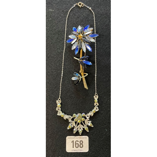 168 - VINTAGE IRIDESCENT NECKLACE AND COLOURED FLORAL BROOCH