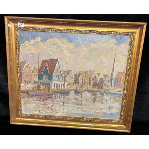 219 - OIL ON BOARD OF A HARBOUR SCENE