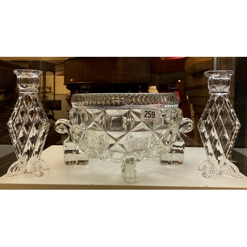 259 - CUT GLASS FRUIT BOWL AND CANDLE STICKS