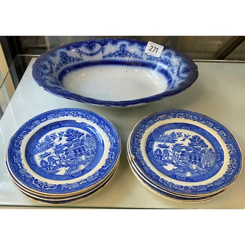 271 - VICTORIAN BLUE AND WHITE DISH AND BLUE AND WHITE SIDE PLATES