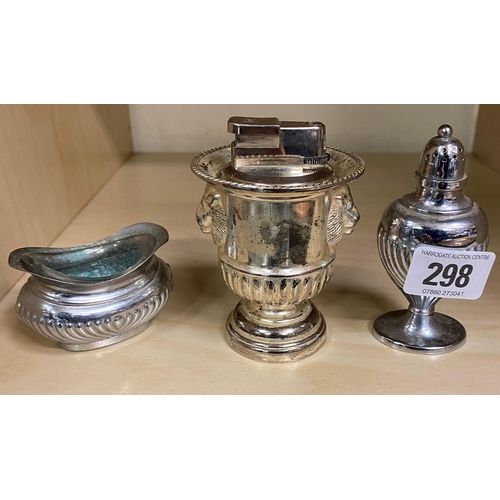 298 - THREE PIECES OF SILVER PLATE INCLUDING COLIBRI LIGHTER