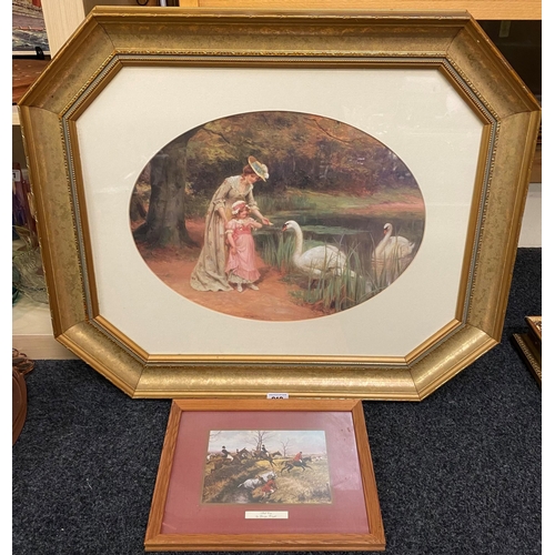 313 - PICTURE DEPICTING GIRL FEEDING SWANS AND A HUNTING SCENE BY GEORGE WRIGHT