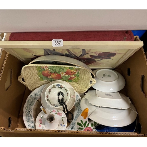 387 - BOX OF MISCELLANEOUS NAMED POTTERY AND CHINA