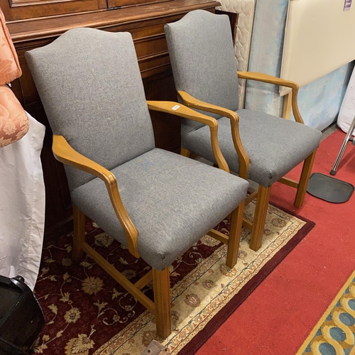 104 - SET OF SIX NEW GREY UPHOLSTERY AND LIGHT MAHOGANY CHAIRS