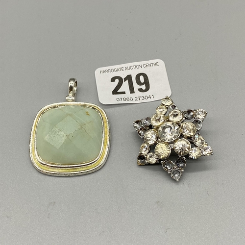 219 - LADIES COLOURED STONE PENDANTS AND DIAMANTE BROOCH