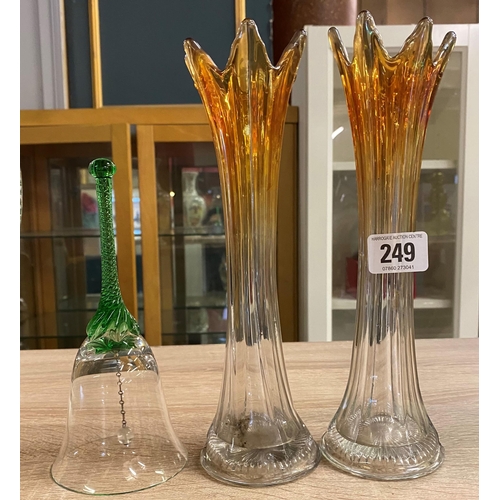 249 - TWO TULIP VASES AND A COLOURED GLASS BELL