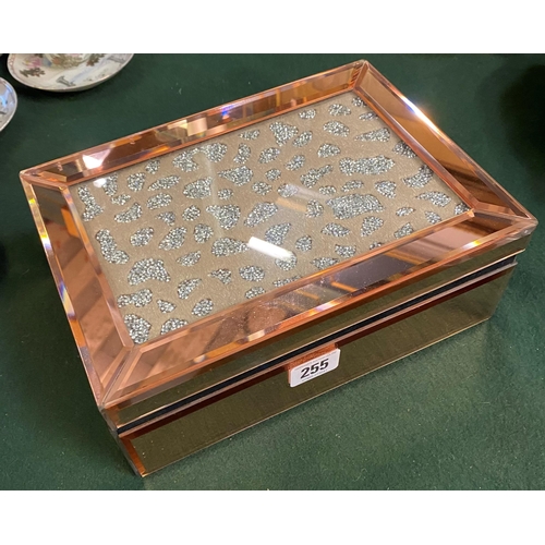 255 - PEACH BEVEL GLASS JEWELLERY BOX WITH ROCK SALT PATTERN TOP