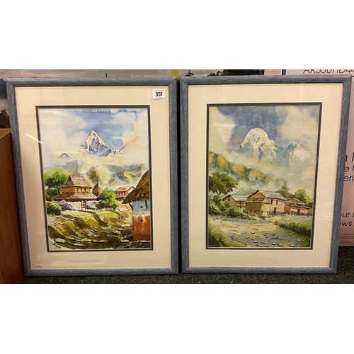 351 - PAIR OF FRAMED WATERCOLOURS OF NEPAL SIGNED BY THE ARTIST