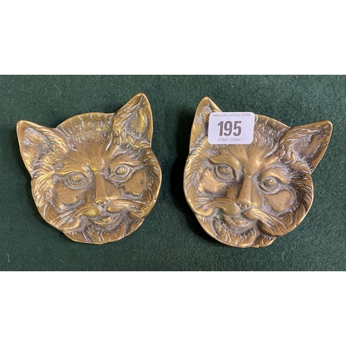 195 - PAIR OF BRASS CATS HEAD VINTAGE ASHTRAYS