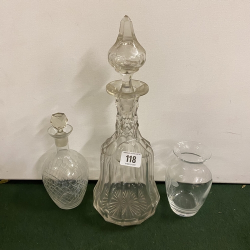 118 - TWO VINTAGE DECANTERS AND A SMALL ETCHED GLASS VASE