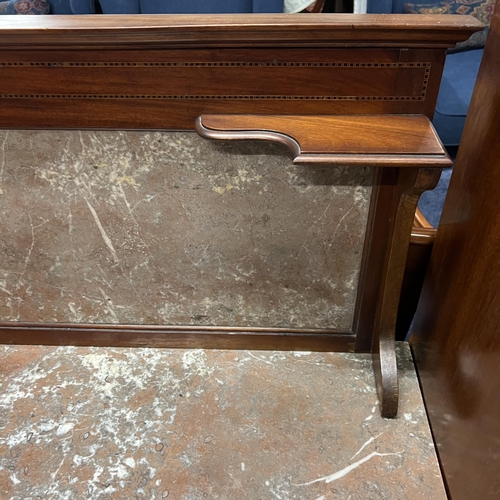 52 - EDWARDIAN MAHOGANY CROSS BANDING INLAY MARBLE TOP WASHSTAND WITH MARBLE BACK ON DOUBLE CUPBOARD BASE