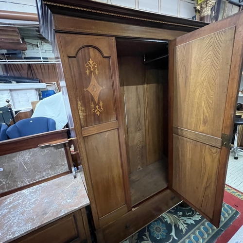 53 - EDWARDIAN MAHOGANY CROSS BANDING INLAY SINGLE MIRROR DOOR WARDROBE ON SINGLE DRAWER BASE