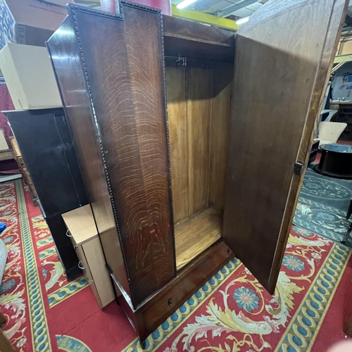 59 - 1950s OAK MIRRORED SINGLE DOOR WARDROBE ON SINGLE DRAWER BASE