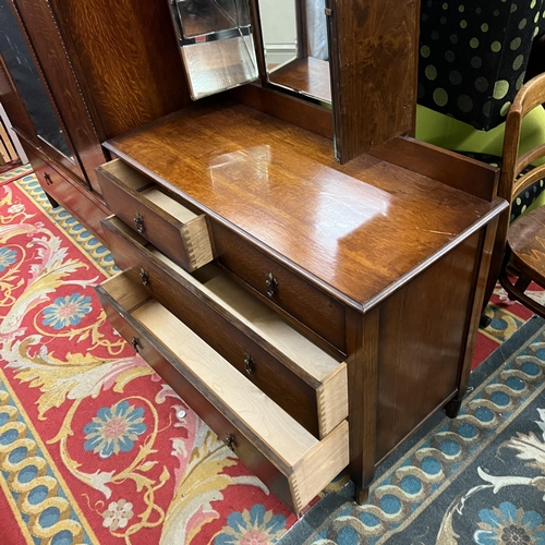 60 - 1950s SOLID OAK DRESSING CHEST WITH TRIPLE MIRROR BACK