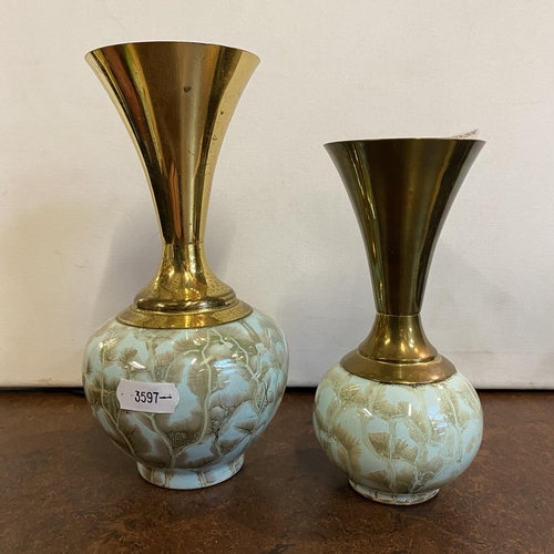 275 - TWO DELFT DUTCH AQUA GREEN MARBLEISED POTTERY AND BRASS VASES