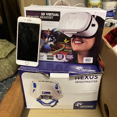 493 - BIKE HELMET, VR HEADSET AND A IPHONE 7 PLUS