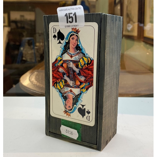 151 - VINTAGE WOOD PLAYING CARD HOLDER COMPLETE WITH CARDS