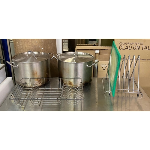 36 - INDUSTRIAL STAINLESS STEEL COOKING POTS AND PLATE RACKS