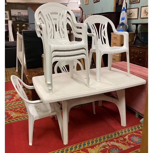 54 - WHITE GARDEN TABLE AND FOUR CHAIRS