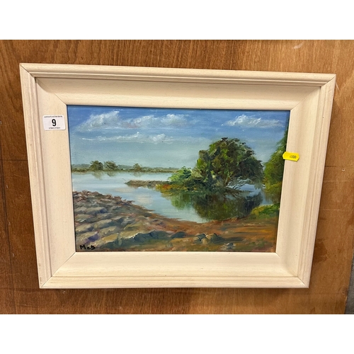 9 - FRAMED OIL ON CANVAS DEPICTING LAKE SCENE SIGNED McB