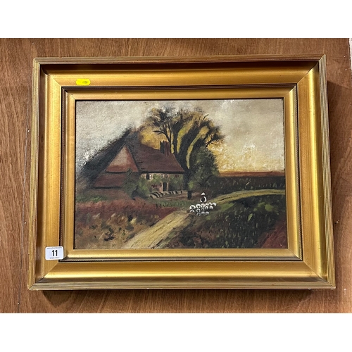 11 - EARLY OIL PAINTING IN GILT FRAME