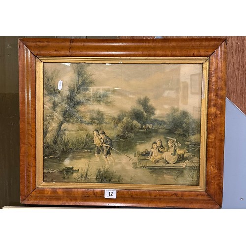 12 - EARLY FRAMED PRINT DEPICTING CHILDREN PLAYING ON A STREAM