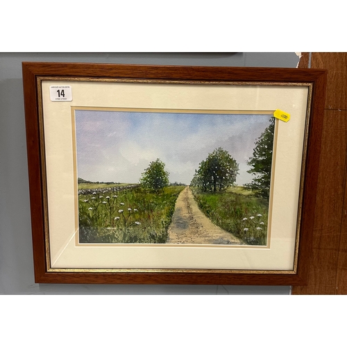 14 - FRAMED WATERCOLOUR DEPICTING SUNNY COUNTRY ROAD SCENE SIGNED B.CARNEY 2004