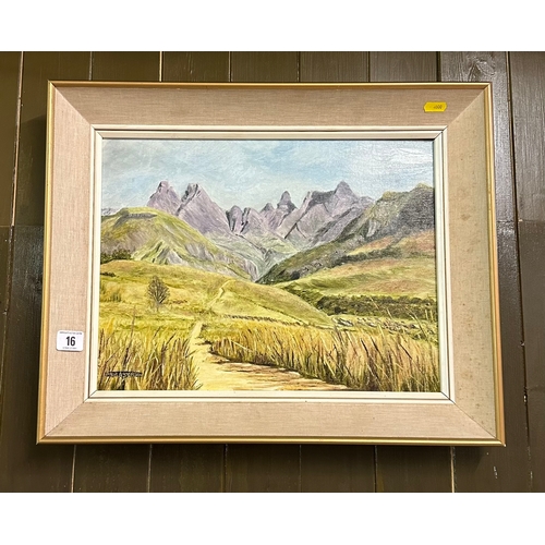 16 - FRAMED OIL ON BOARD MOUNTAIN TRAIL SCENE SIGNED PRUE ANDERSON