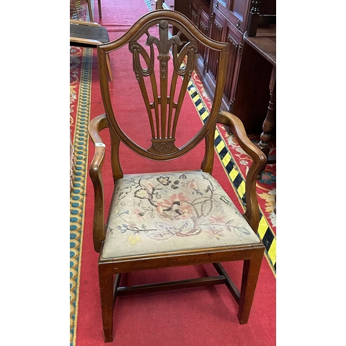 31 - MAHOGANY SHIELD BACK CARVER CHAIR WITH EMBROIDERED SEAT COVER