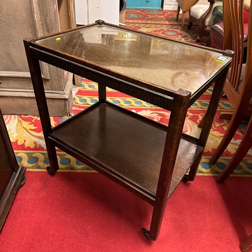 46 - 1950’S OAK SERVING TROLLEY WITH GLASS TOP