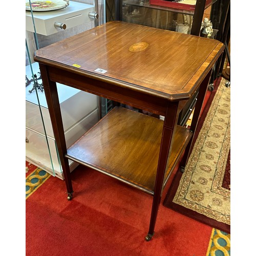 75 - EDWARDIAN MAHOGANY SHERIDAN INLAY WINDOW TABLE ON CASTORS