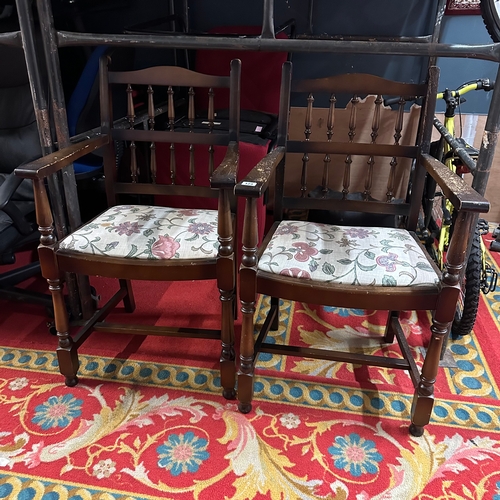 123 - TWO OAK WOODEN CHAIRS WITH FLORAL SEAT PATTERN