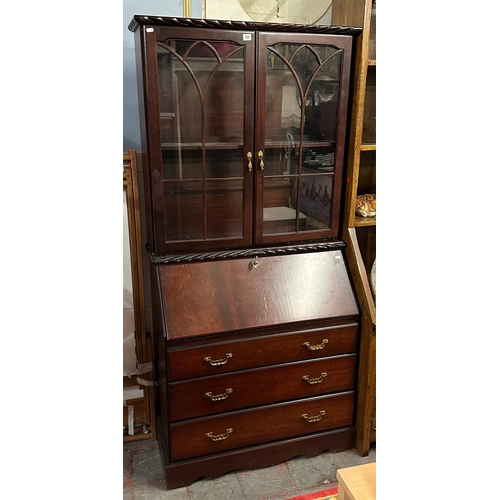 130 - MAHOGANY BUREAU WITH GLASS DISPLAY CABINET