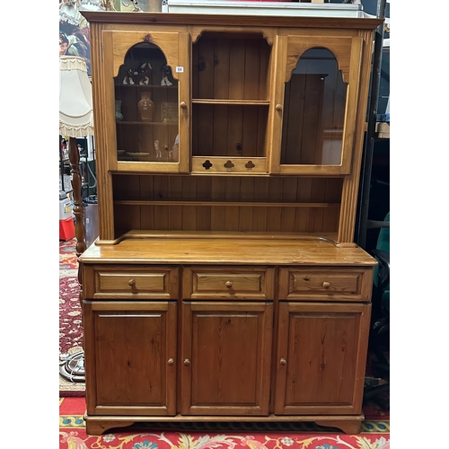 134 - PINE DRESSER WITH GLASS DISPLAY CABINET